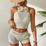3D Flowers Halter Crochet Knitted 2 Pieces Suits Beach Cover Up Cover-ups Beach Shorts Beach Wear Beachwear Female Women K6598