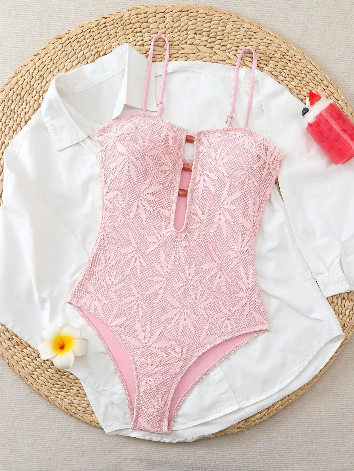 Vintage Coffee Leaves Print One Piece Swimsuit 2026 Women Beaded String Hollow Out Backless Mesh Slim Fit Tummy Control Swimwear