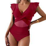 2026 Solid Women's Swimsuit Trend Tummy Control V Neck Sexy Black Bikini Ruched Bathing Suits Slim Fit Ruffle Sleeve Swimwear