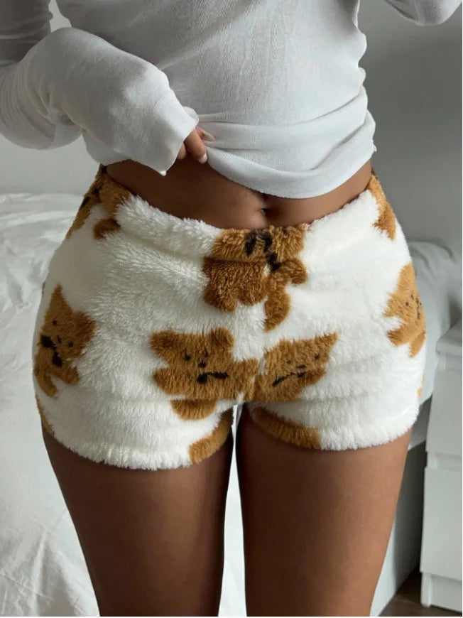 Women Autumn Winter Ins Style Cute Bear Printed Fluffy Shorts Thick Soft Cozy Hot Girl Loungewear Sleep Wear