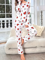 Autumn Winter Pajama Set for Women Sleepwear Heart Print Knitted Round-Neck Loose Tops and Elastic Long Pants Loungewear