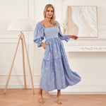 Women Spring Fall Long Dress Long Sleeve Dress Square Neck Embroidery Flower Loose Swing Dress Wit Pocket