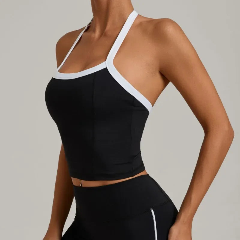 Women's Seamless Yoga Tank Top - Adjustable HALTER Neck & Quick-Dry Fitness Shirt Color Block Running Sports Gym Workout Top