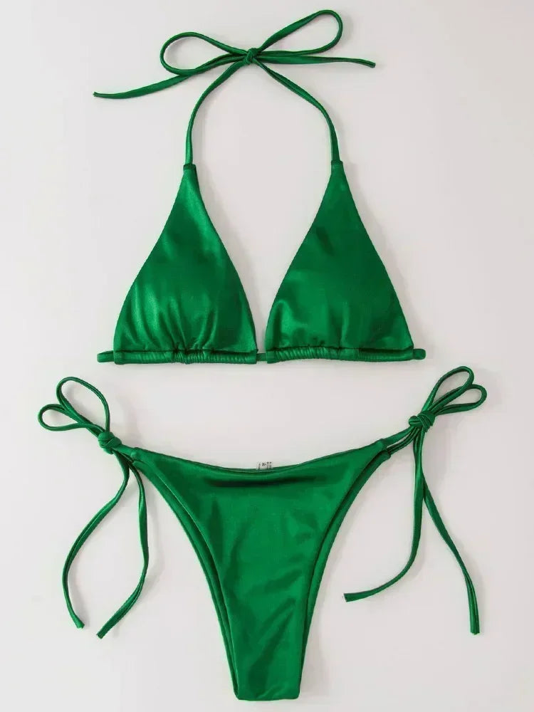 Halter Brazilian Metallic Satin Bikini Women Swimwear Female Swimsuit Two-pieces Bikini Set High Cut Bathing Suit Swim Beachwear