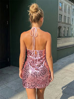 Women Summer Mini Dress Sparkly Sequin Sleeveless Halter Backless Slip Dress for Evening Party Date Night Streetwear