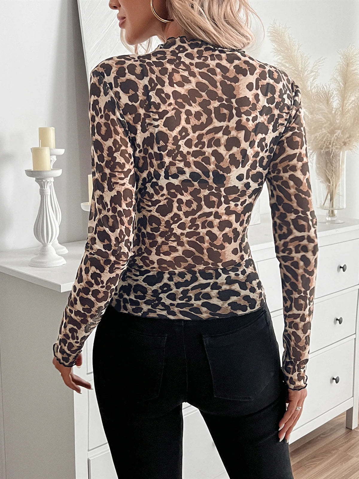 European and American style sexy leopard print mesh earrings tights T-shirt tops women's inner tops