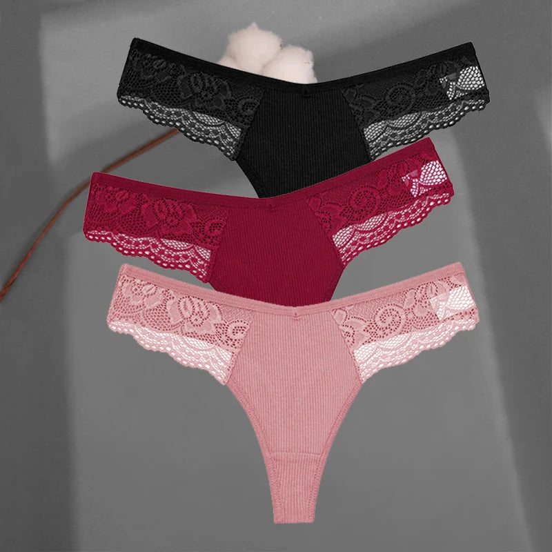 3Pcs/set Cotton Thongs Lace Bikini Underpants Women S-XL T-Back Underwear Ladies G-string Soft Thong Panties Female Lingerie New