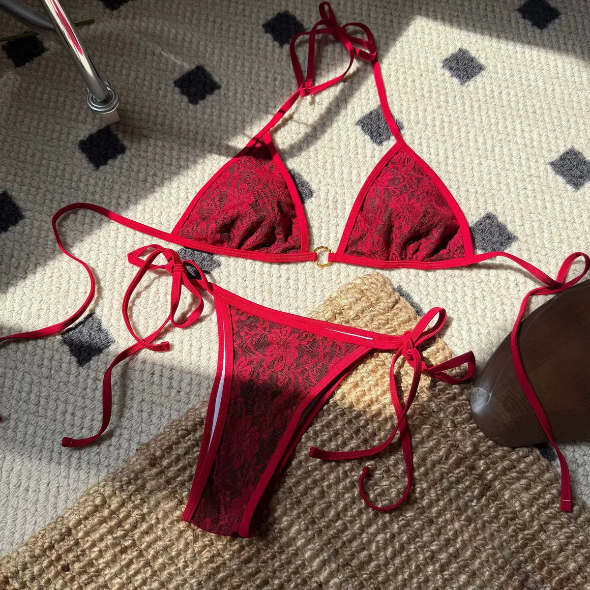 DEKA Lace Print Micro Bikini Set Women Double Strap Push Up Tie Side Triangle Swimsuit Bathing Suit Thong Swimwear