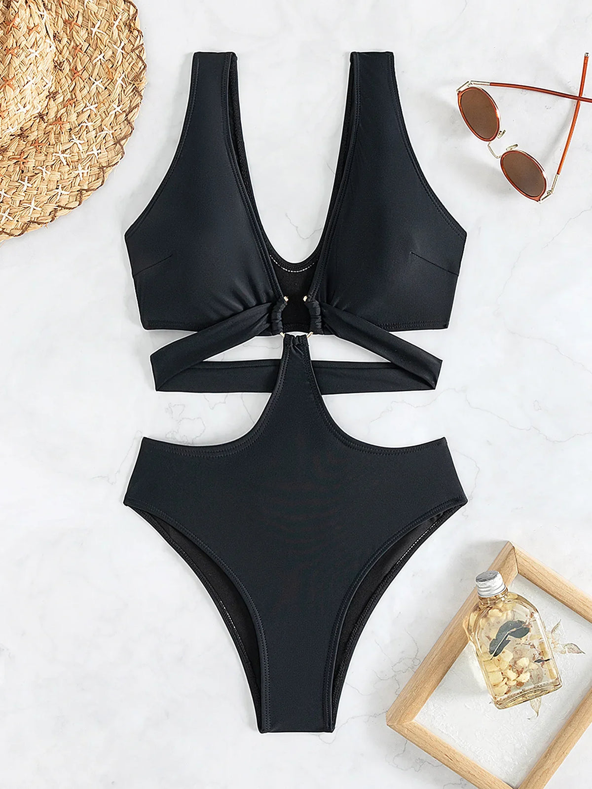 S - XL V Neck High Cut Out One Piece Swimsuit Women Swimwear Female Bather Monokini Cross Bandage Bathing Suit Swim Beachwear