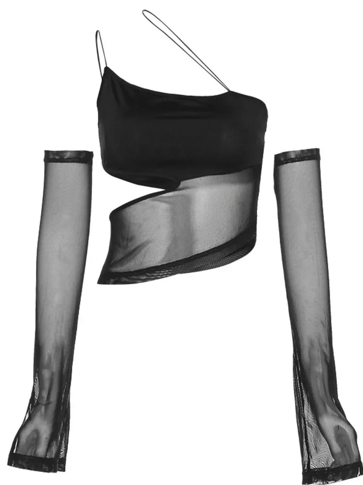 Asymmetrical Cut Out Mesh Crop Top with Sleeves Fairy GrungeClothes Transparent Camisole Tank Tops