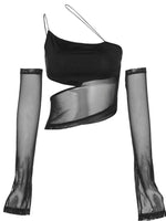 Asymmetrical Cut Out Mesh Crop Top with Sleeves Fairy GrungeClothes Transparent Camisole Tank Tops