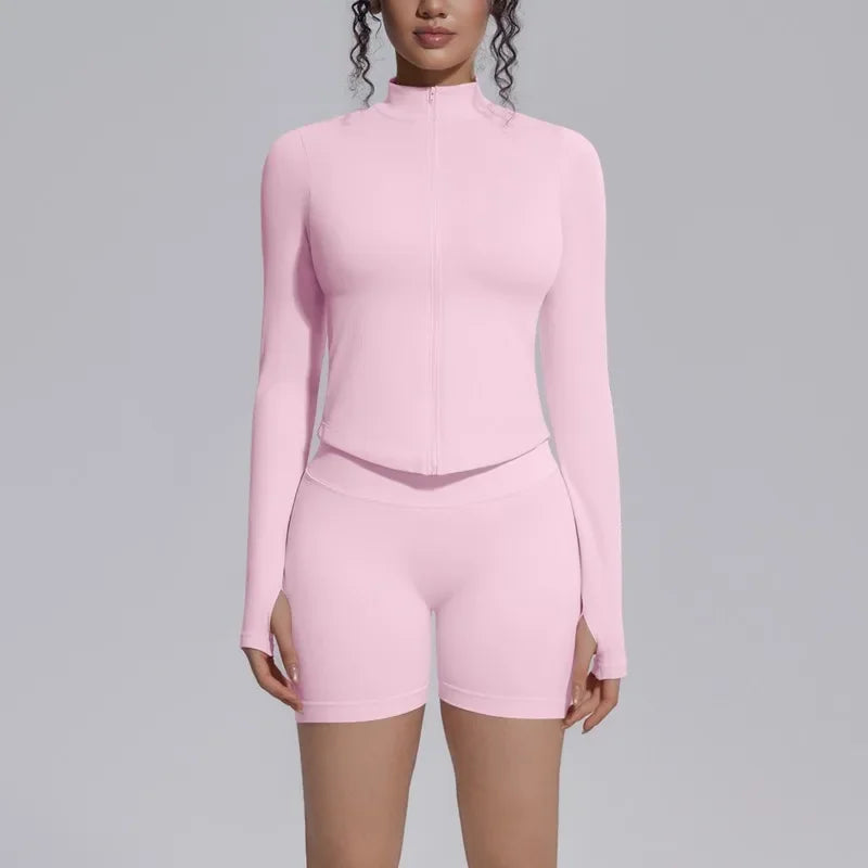 Women's Seamless Yoga Sets Sports Fitness Gym Zipper Long-Sleeve Jacket Hip Lift High-Waist Shorts Suits Workout Training Sets