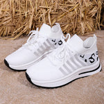 2026 Hollow Out Breathable Sneakers Women Plus Size Printed Thick Sole Walking Shoes Woman Comfortable Knitted Flats Female