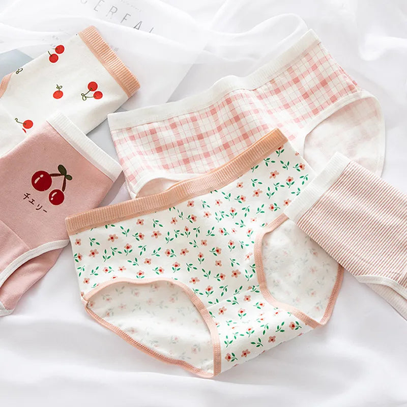 Cotton Panties Comfy Underwear Women Low Waist Briefs Female Underpants Lingerie Ladies Pantys M-XL Cherry Printed Design