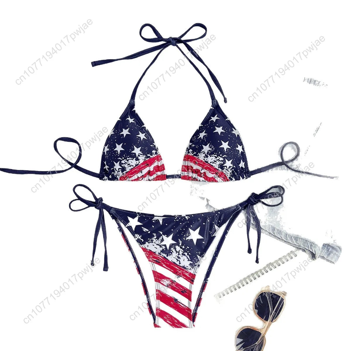 Women's Sexy American Flag Print Halter-Tie Bikini Swimsuit Set — Sporty Style