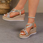 Bling Crystals Chunky Sandals Women 2026 Summer Elastic Band Wedges Platform Sandles Woman Plus Size 43 High Heel Rome Sandals