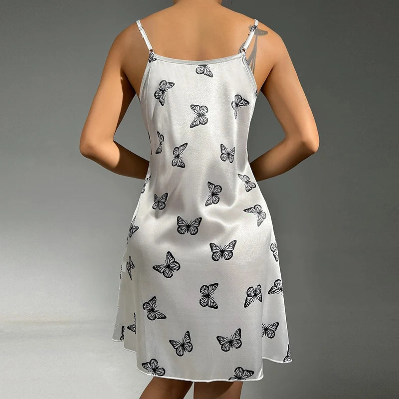 Women's Cozy Silky Nightgown Butterfiles Print Low-Cut Slip Dress For Cool Feeling In Summer Chic Sleepdress Homedress Pyjamas