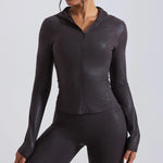 Women's Nude Faux Leather Yoga Top Windproof Tight Fitting Slimming Waist Cinching Zipper Sports Jacket Outdoor and Fitness Top