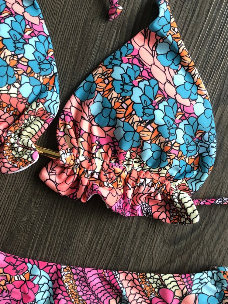 Sexy Bikini Floral Print Swimwear String Bikini Set Push Up Swimsuit Bikinis Women Biquini Beach Bathing Suit Women