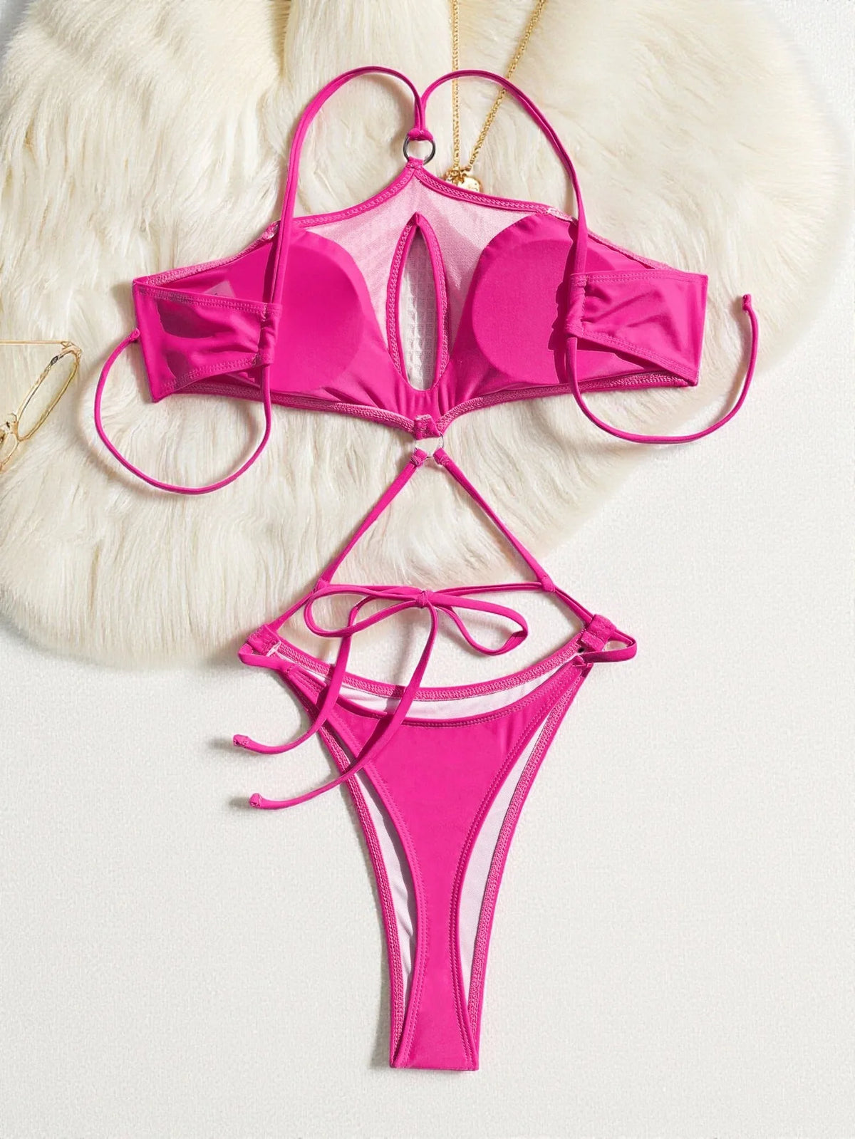 Sexy Hot Pink Mesh Patchwork Swimwear Women Hollow Out Backless Triangle Bikini Bathing Suit Holiday One Piece Swimsuit2026