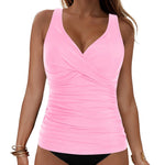 Women's Removable Padded Tankini Top V Neck Waist Defining Ruffled Separate Swimsuit Top Ruched Support Bathing Suit Swim Top