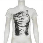 Harajuku Animal Print Crop Top Basic White Short Sleeve Crewneck T-shirt Women Casual Slim-fitting Tees Lady y2k Vintage