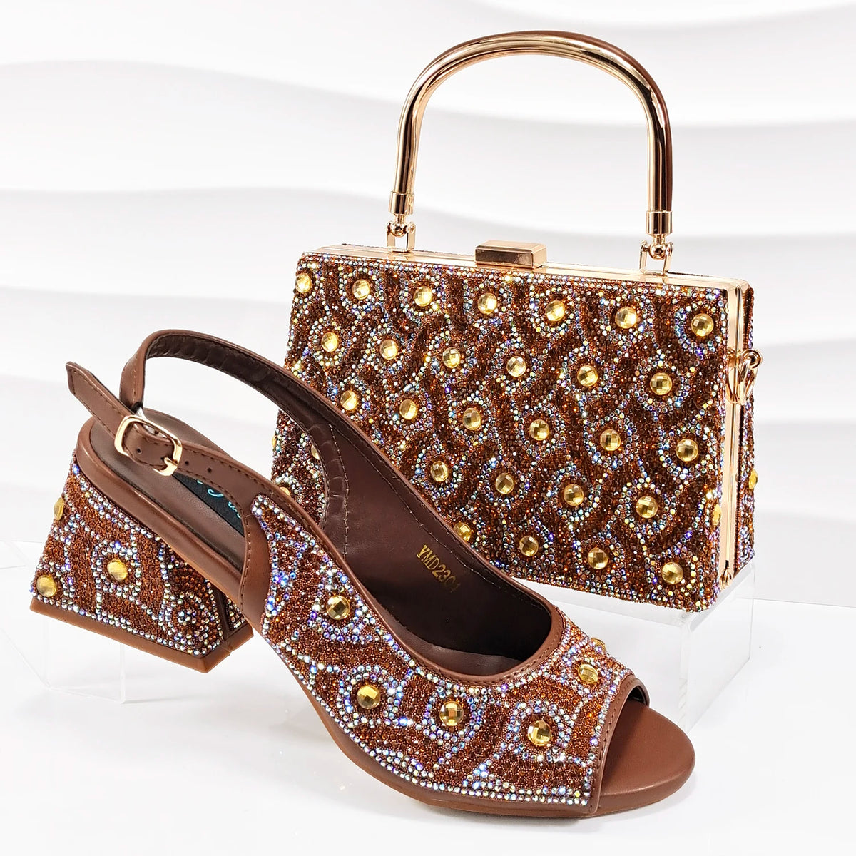 doershow Italian brown Shoes And Bag Sets For Evening Party With Stones Italian Leather Handbags Match Bags! HMP1-21