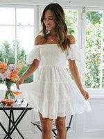 Puff Sleeve Cotton White Lace Dress Women Summer 2025 Square Collar Vintage Beach Short Dress Petite Flower EmbrioderyDress