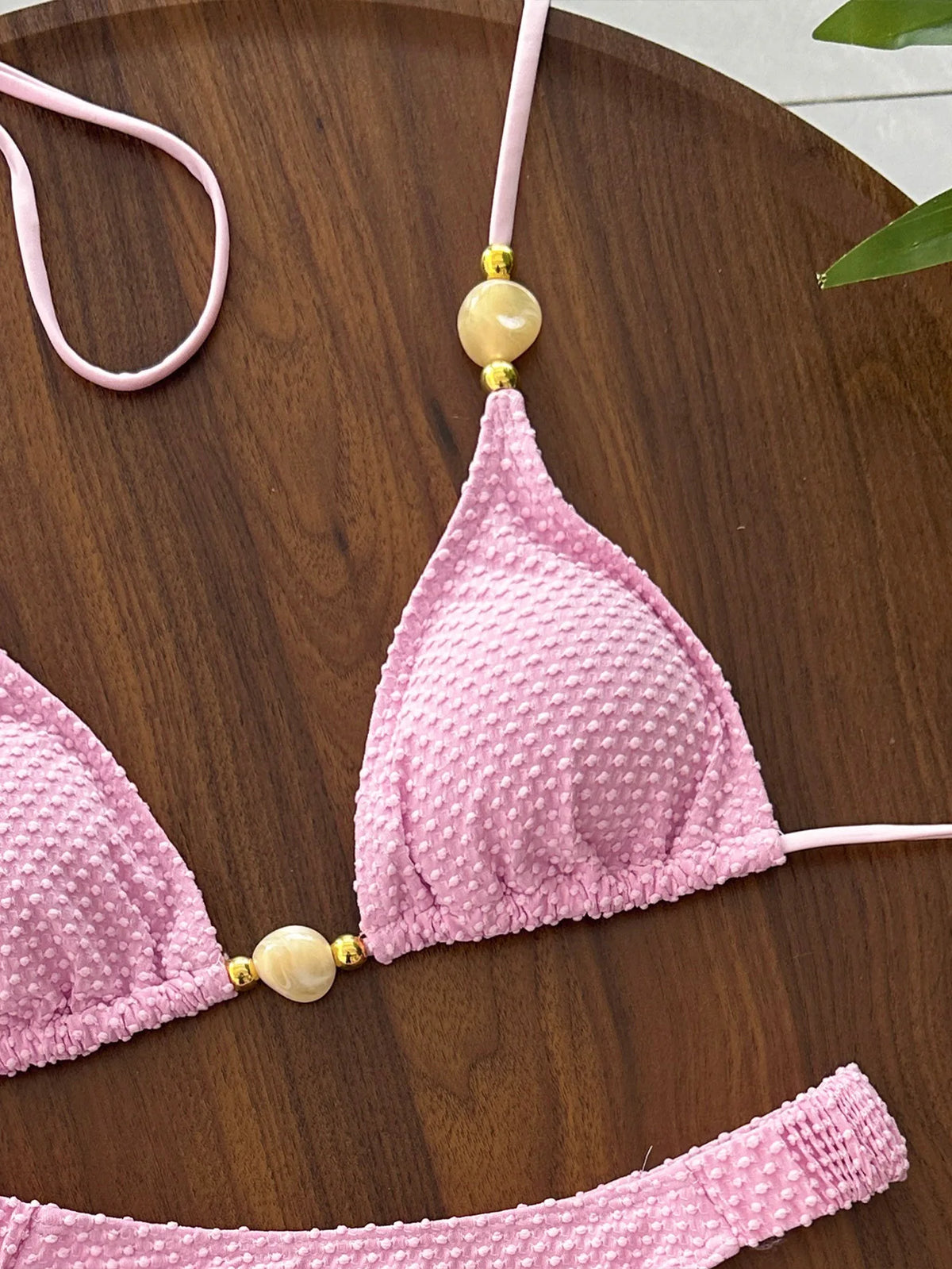 Wrinkled Crinkled Halter Beads Bikini Female Swimsuit Women Swimwear Two-pieces Bikini Set Brazilian Bather Bathing Suit Swim