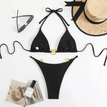 Sexy Black Bikini Set Women Green Metal Ring Designer Push Up Swimwear 2025 Brazilian Beach Bathing Suit Thong Swimsuit Biquini