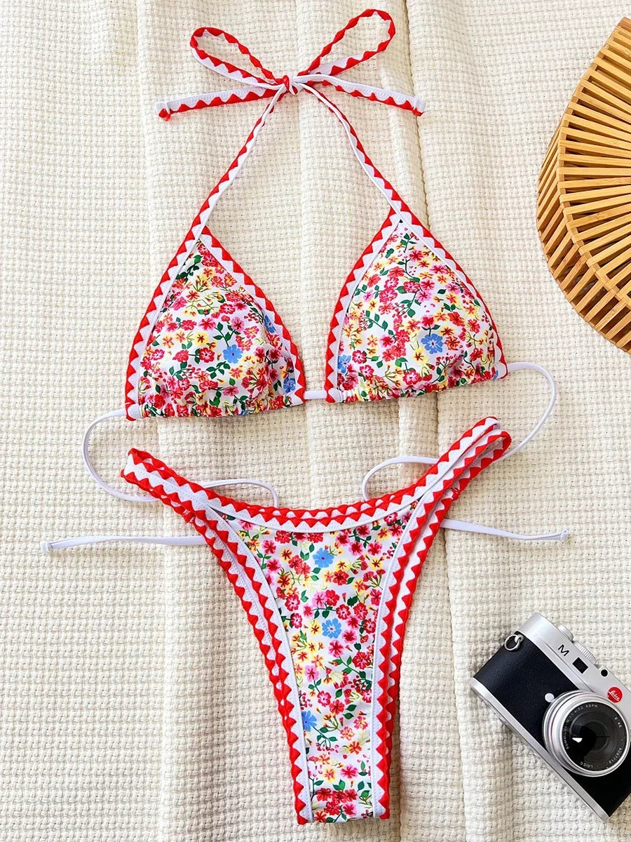 Floral Print High Cut Halter Bikini Women Swimwear Female Swimsuit Two-pieces Bikini Set Brazilian Bather Bathing Suit Swim Lady