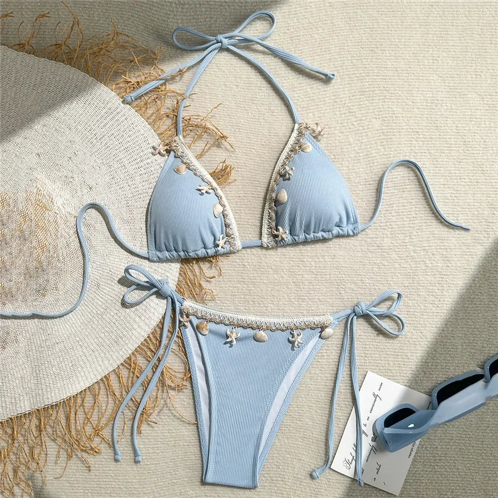 Shell Decoration Swimwear String Halter Bikinis Sets Micro Thong Sexy Swimsuit Women 2026 Bathing Suit Purple Triangle Bikini