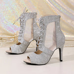 Silver Glitter Mesh Lace Up Summer Ankle Boots Women Peep Toe Zipper 10cm Stiletto High Heel Club Prom Dance Party Shoes Size 43