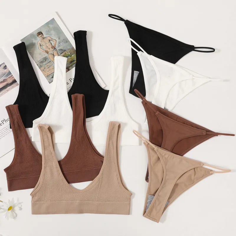 Women Seamless Bra And Panties Set U-Neck Push-Up Bra Brazilian Thongs Low-Waist T-Back Female Underwear Sexy Lingerie Set