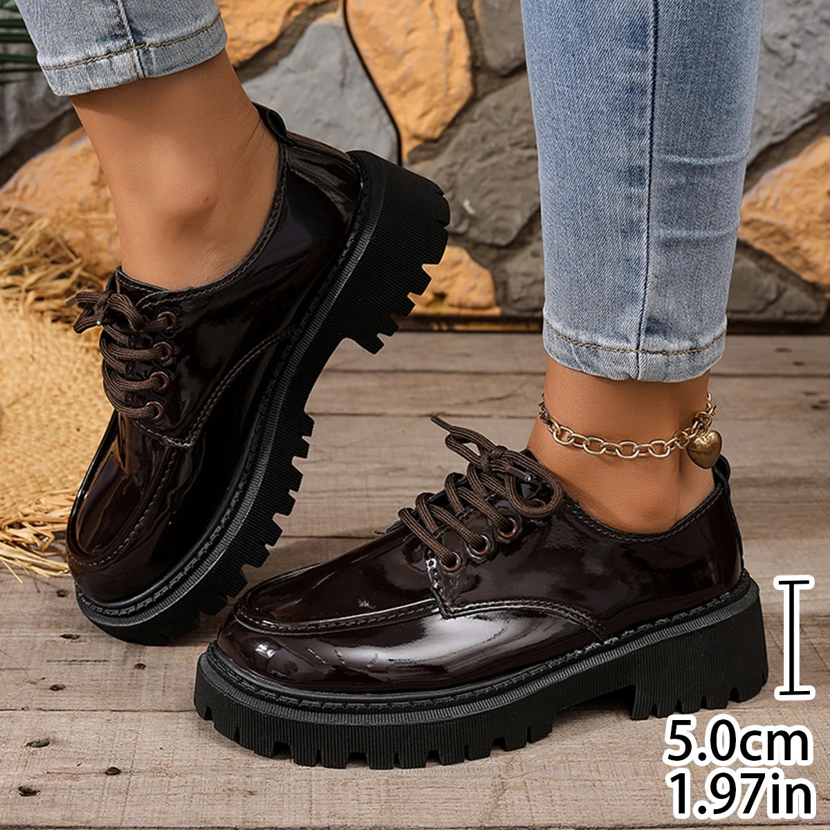 Women Lace‑Up Platform Oxford Shoes Chunky Lug Sole Round Toe Glossy Matte Retro Preppy JK School Casual Dress Shoes