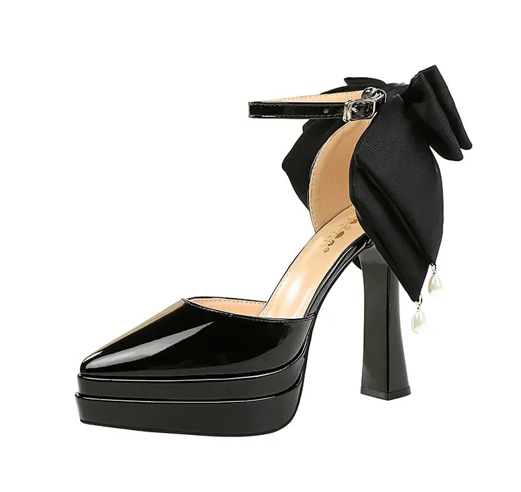 BIGTREE Shoes Women's High Heels Hollow Platform Waterproof Thick Heel Pointed Toe Sandals Match Dress Wedding Shoes Knot