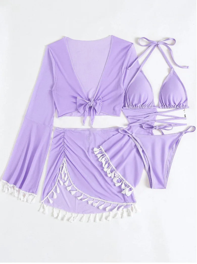 Sexy 4pcs Boho Tassels Trim Bikinis Sets Ladies Padded Bikini Set +cover Up Tops Skirts Beachwear Bathing Suit Biquini Monokini