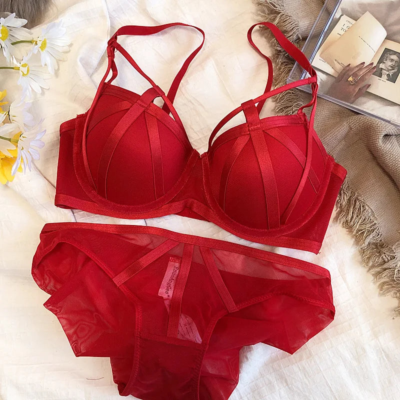 Hot Sale Women Lace Underwear Sexy Hollow Push Up Bra Set Classic Bandage Lingerie Fashion Fluorescent Plus Size C D Brassiere