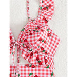 S - XL Cherry Printed Plaid Cut Out One Piece Swimsuit Women Swimwear Female Frilled High Leg Cut Bather Bathing Suit Swim V7557