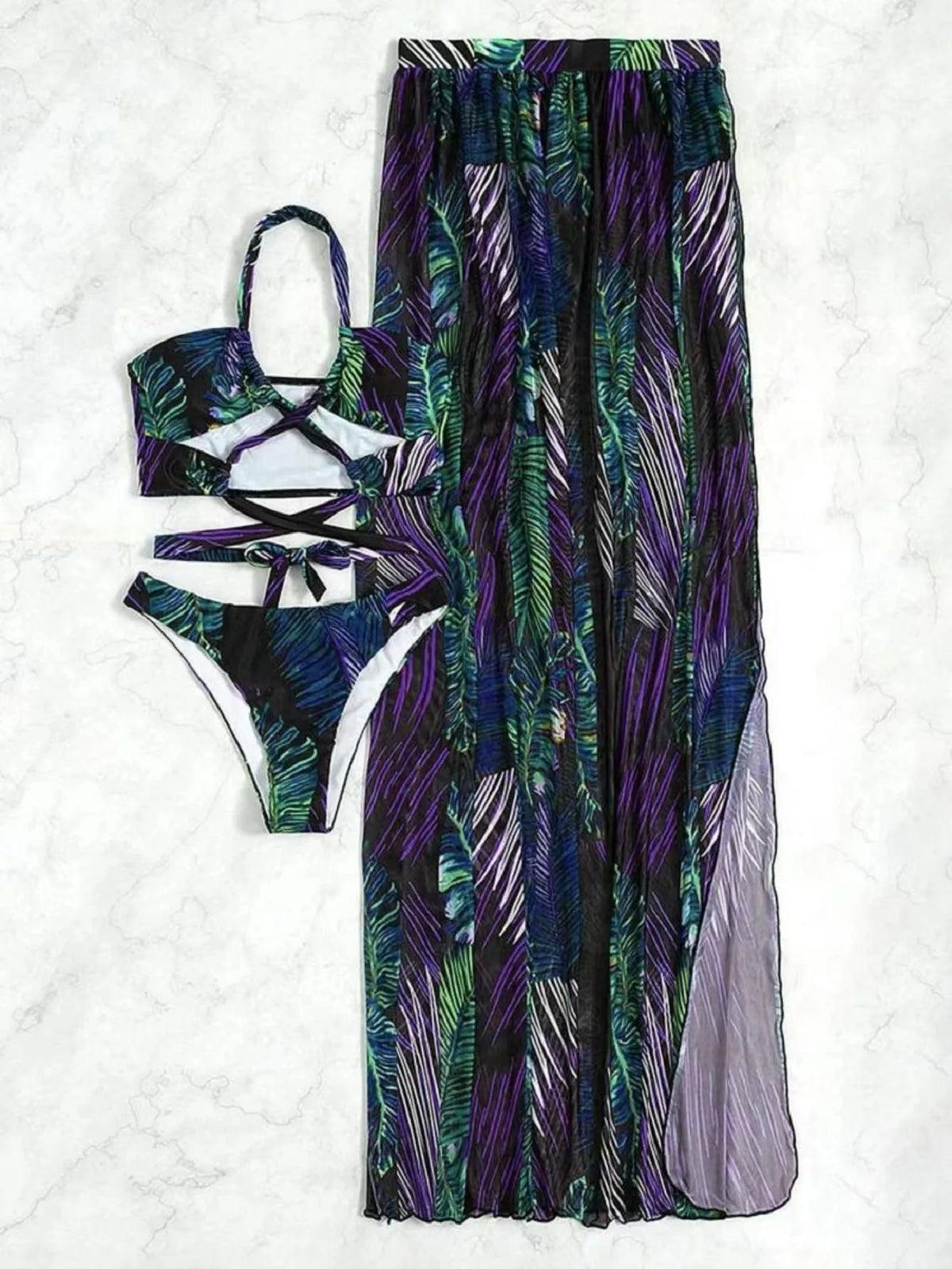 2024 Halter Criss Cross Bikini Tropical Print Swimsuit & Beach Dress 3 Piece Sexy Swimwear Women Bathing Suit Beachwear Summer