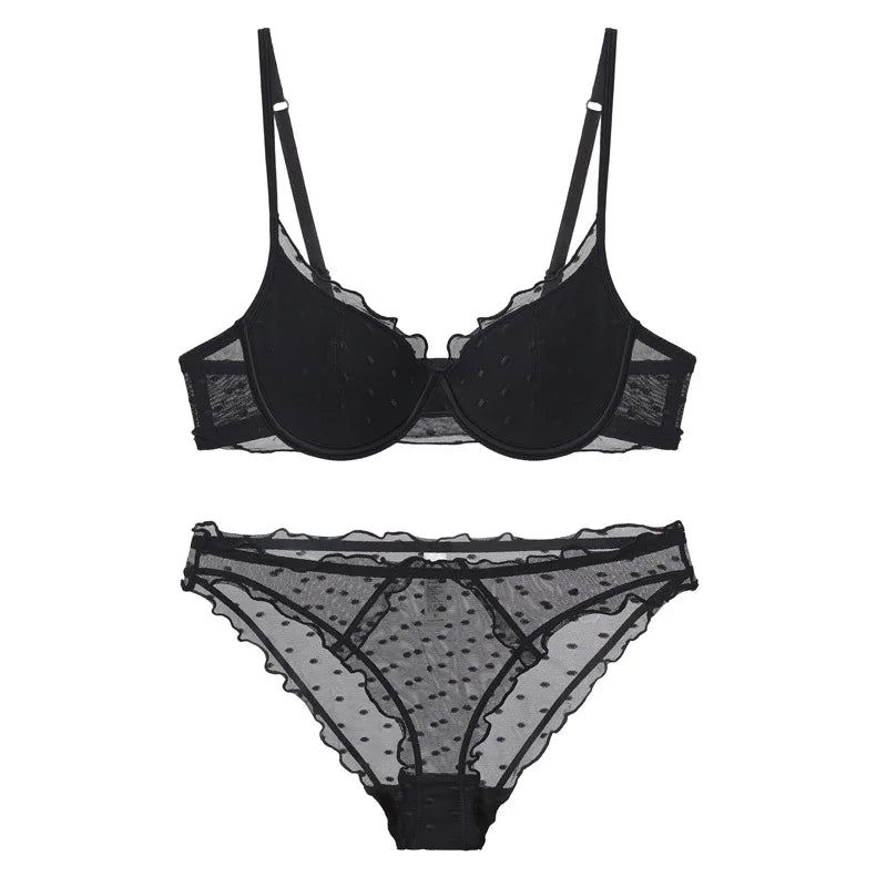 French Lace Women Underwear Sexy Hollow Thin Cup Push Up Bra Fashion Ladies Romantic Lingerie 4 Color Bras With Mesh Panties Set