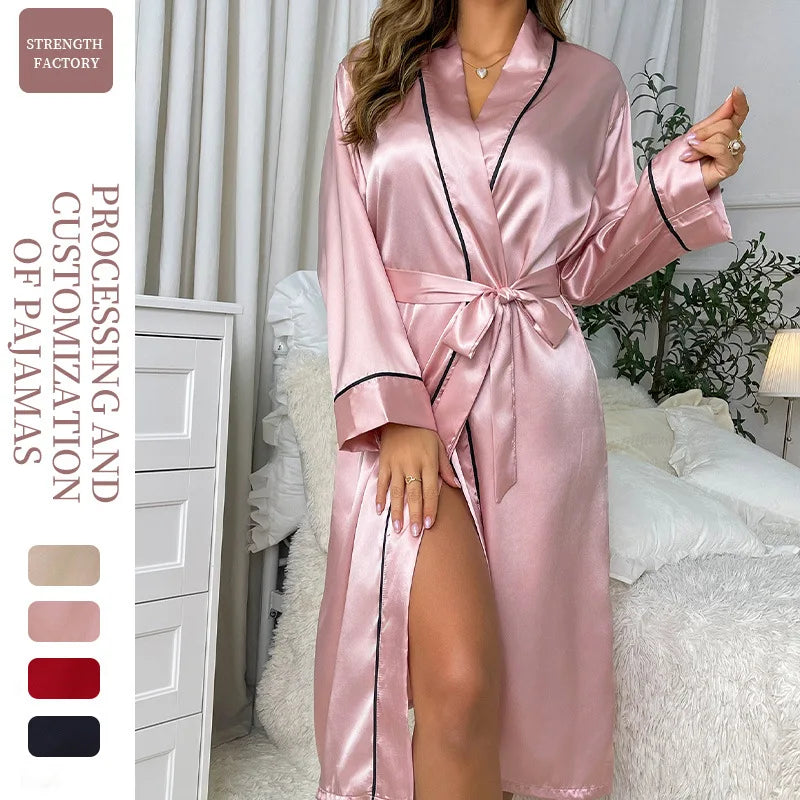 Summer Thin Long Length Ice Silk Robe Women's Fashion Minimalist Sexy Cardigan Bathrobe Manufacturer Stock Loungewear