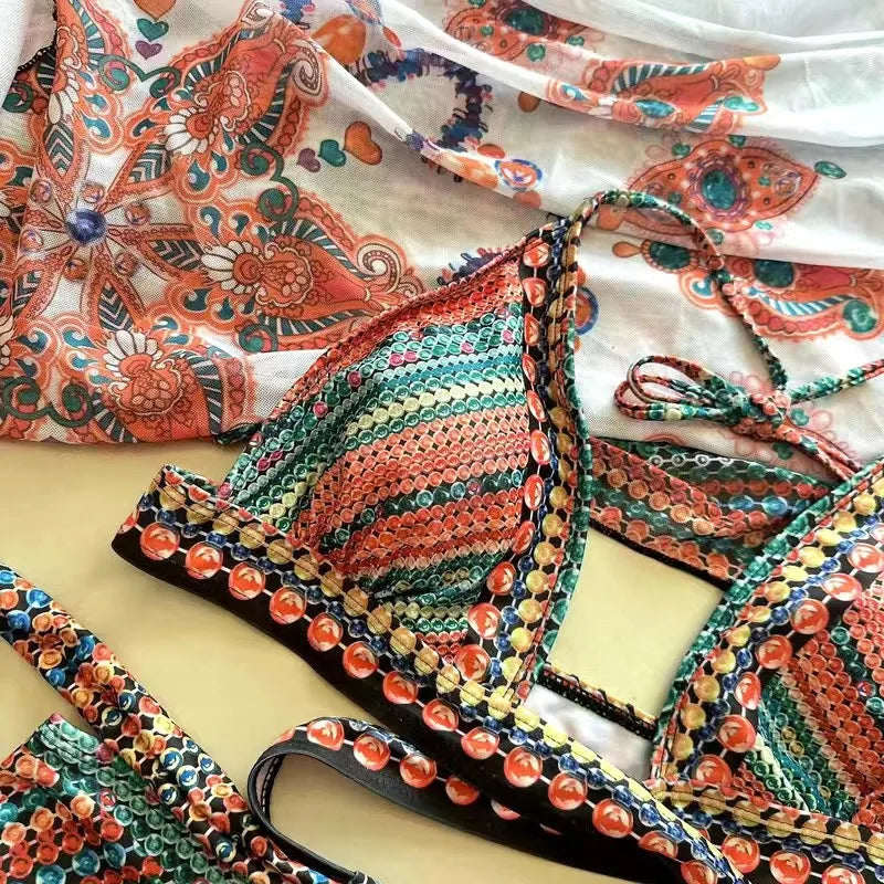 Women Bathing Suit 3 Piece Swimsuit Kimono Cross Wrap High Waist Bikini Beach Cover Up Swimwear Africa Print Bathing Suit Beach