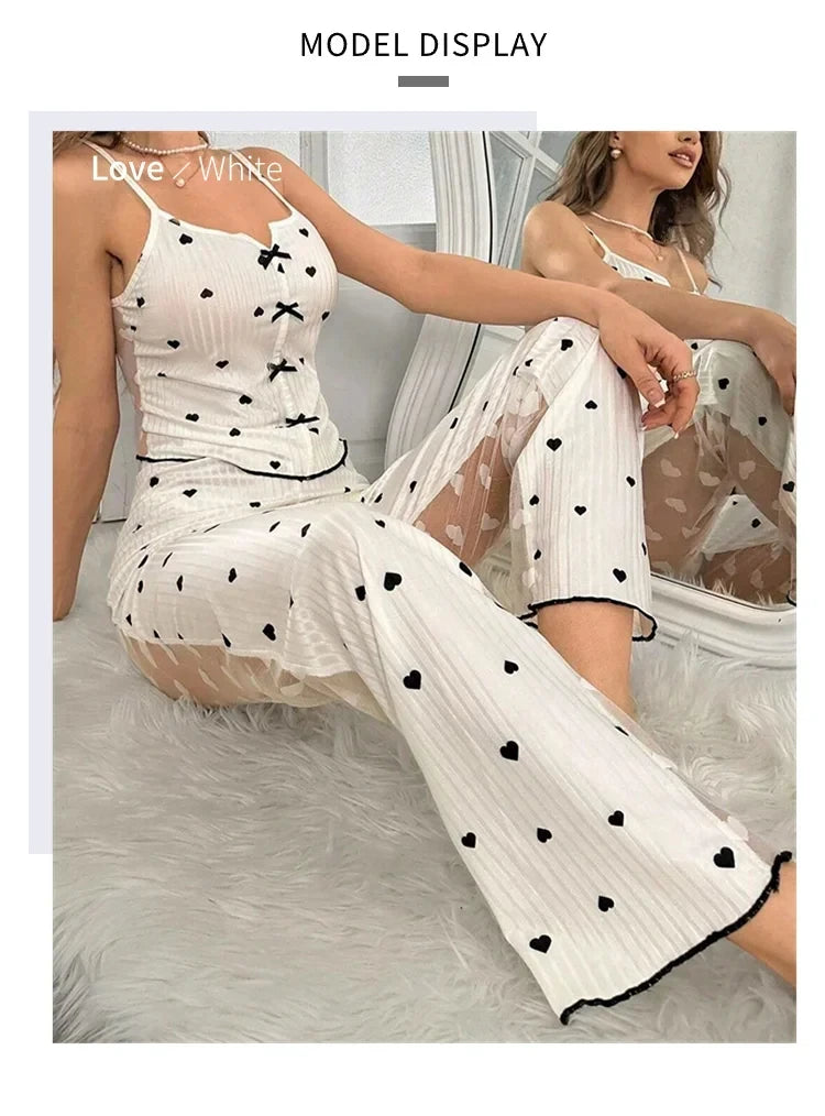 2-Piece Women's Sexy Transparent Mesh Lace Set with Ribbed Printed Strap Top and Pants Home Clothes Pajama Set