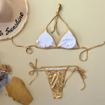 Women Metallic Glitter Pink Gold Micro Mini String Bikini Sets 4 Pieces with Mesh Cover Tops and Mini Skirt Swimsuit Biquini