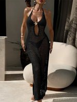 Halter Hollow Out Backless Crochet Knitted Tunic Beachwear Beach Dress Beach Wear Female Beach Cover Up Cover-ups Women V7504