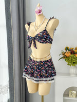 Sexy Navy Floral Print Bikinis Sets Women Front Tie Push Up Bra Holiday Swimsuit 2026 Bathing Suit Lace Ruffles Skirt Swimwear
