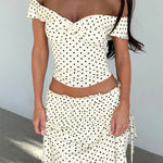 FDYOUI Woman Clothing Polka Dot Crop Tops and Lace-up Skirt Two Piece Sets Female Elegant Slash Neck Long Vacation Dresses Suit
