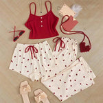 3 Pcs/Set Women Pajamas Suit Sleeveless Backless Heart Printing Elastic Waist Shorts And Pants Slip Top Summer Sleepwear