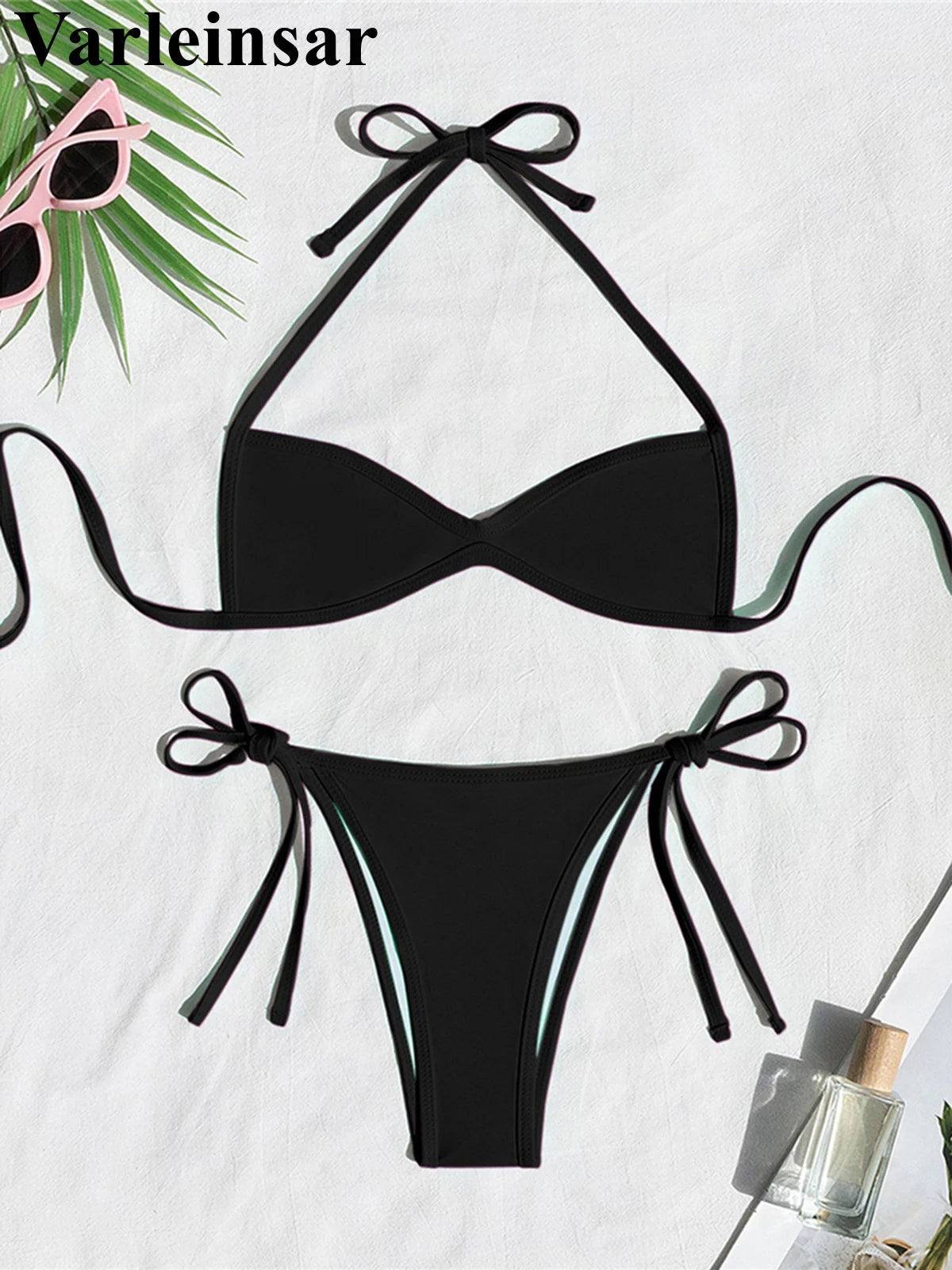 XS - L Halter High Leg Cut Bikini Female Swimsuit Women Swimwear Two-Pieces Bikini Set Strappy Bather Bathing Suit Swim V8276